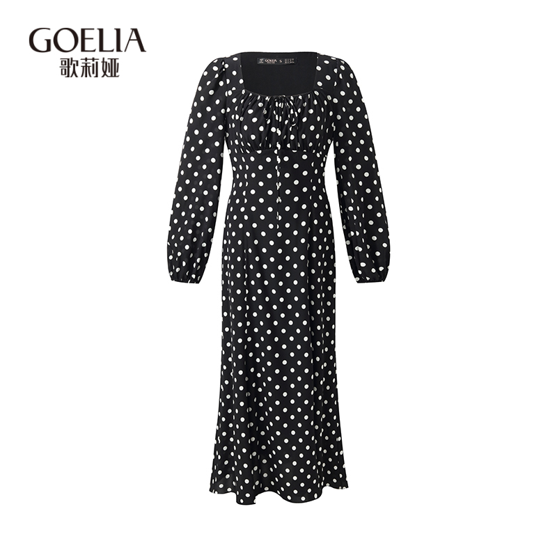 歌莉娅春季新品16姆米真丝波点方领连衣裙  1E2L4K460