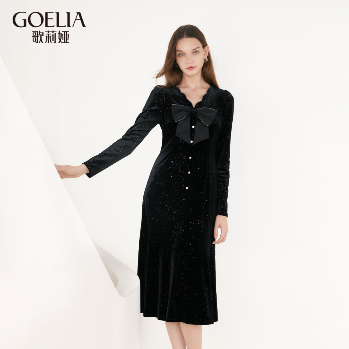 现货 歌莉娅新品可拆卸蝴蝶结丝绒连衣裙1B1R4H150