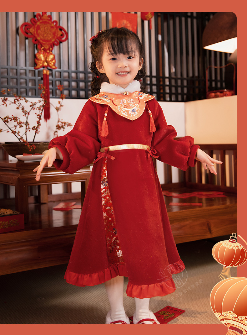 小女孩汉服童装冬拜年服新款喜庆唐装礼服古风襦裙福如