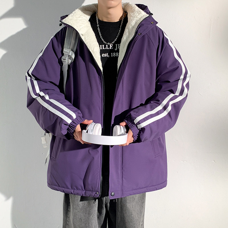 羊羔绒加厚棉衣男青少年户外工装棉服宽松两条杠条纹连帽棉衣