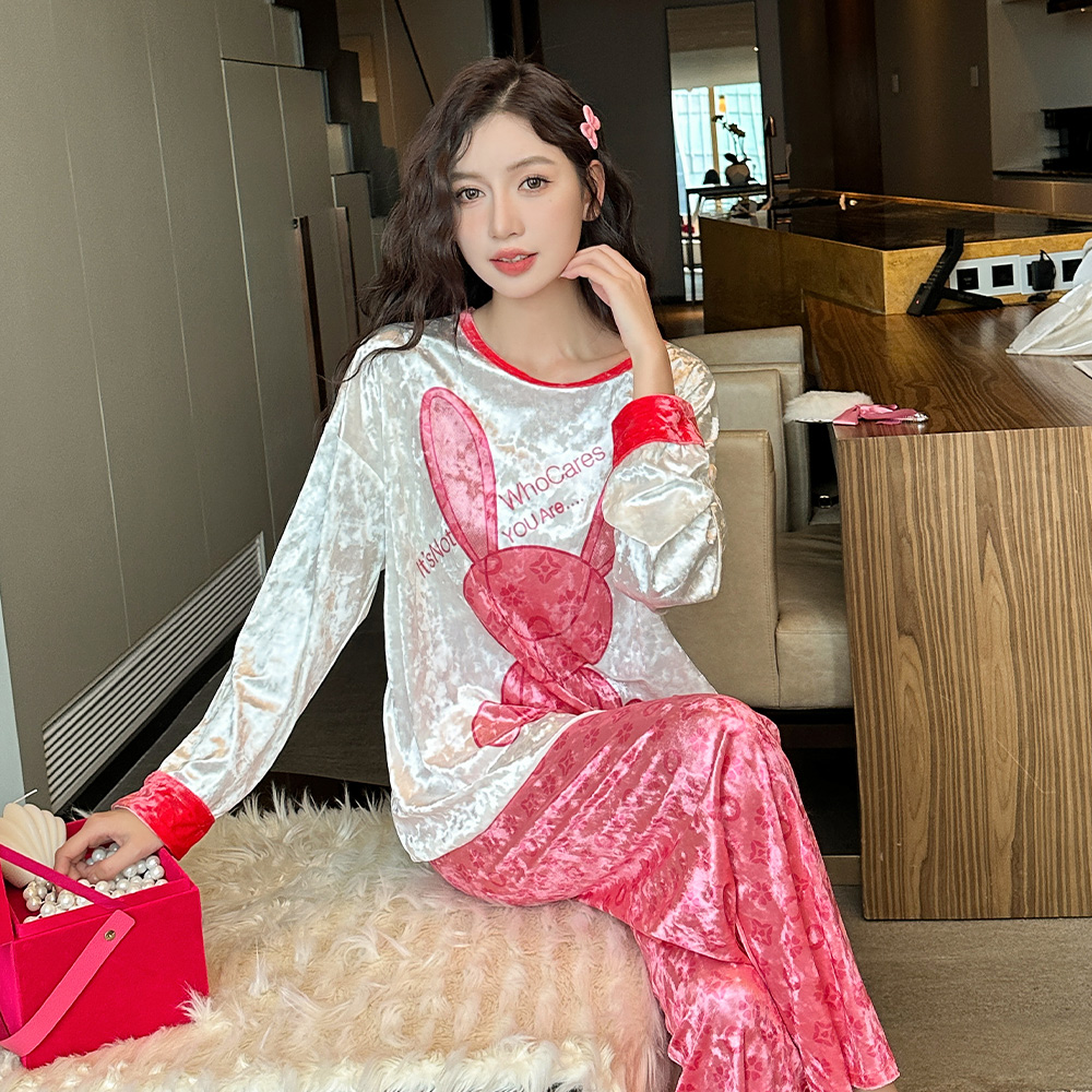 2024年新款金丝绒睡衣女春秋季长袖可爱卡通秋冬家居服套装可外穿