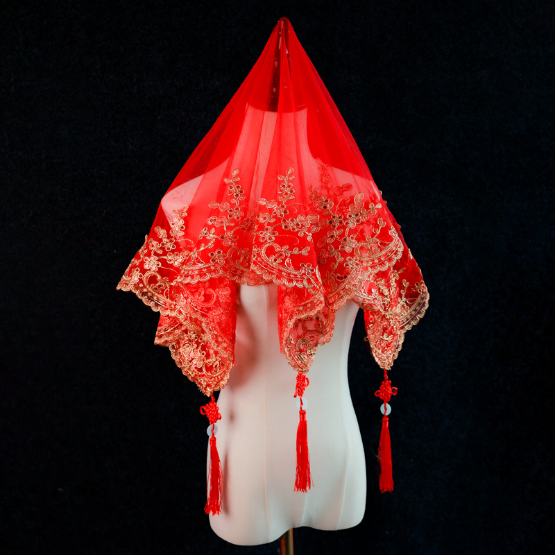 新娘红盖头结婚蒙头红秀禾服半透明喜帕中式婚礼蒙头巾蕾丝拍照纱