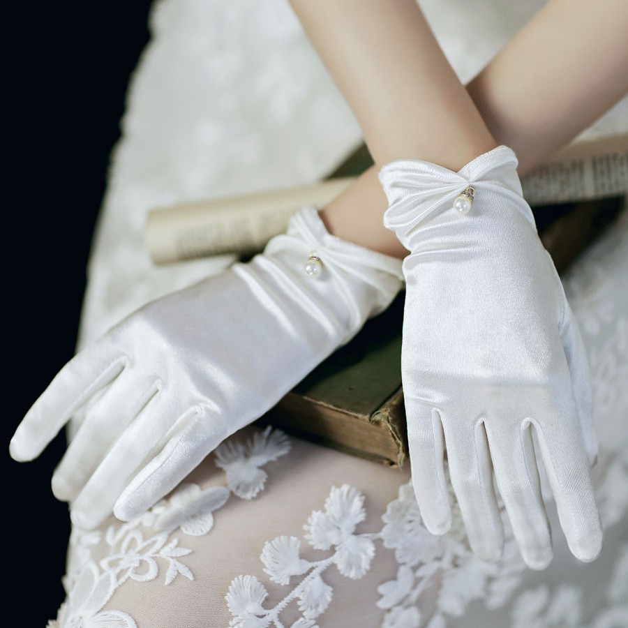 新娘手套婚纱礼服结婚缎布白色红色手套黑色长款短款演出缎面拍照