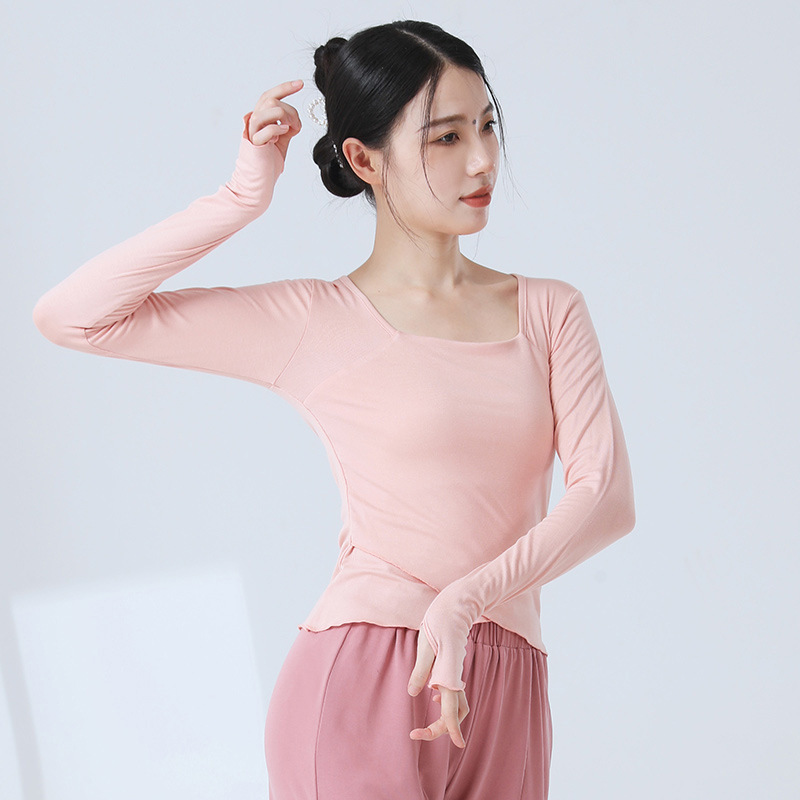 23106现代舞基础打底舞蹈上衣长袖修身纯色古典爵士方领舞服女