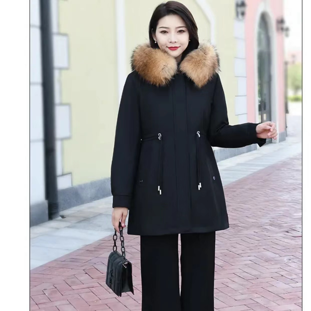 【祥权服装】女士中老年新潮款兔毛内胆可拆卸连帽收腰加厚款派克