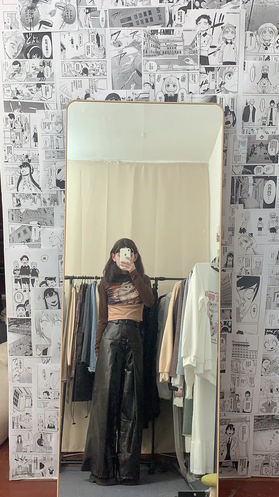 猫咪印花图案长袖春秋短款辣妹T恤上衣复古美式高弹力薄款女