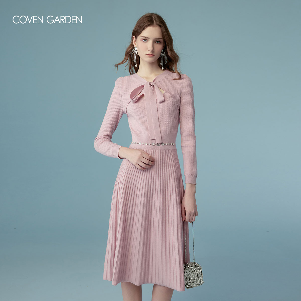 【哥文花园】蝴蝶结气质针织百褶连衣裙 CLA1031280