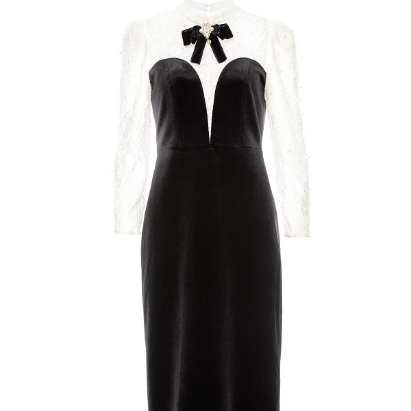 【哥文花园】端庄珍珠蕾丝黑色丝绒连衣裙 CLA1082190