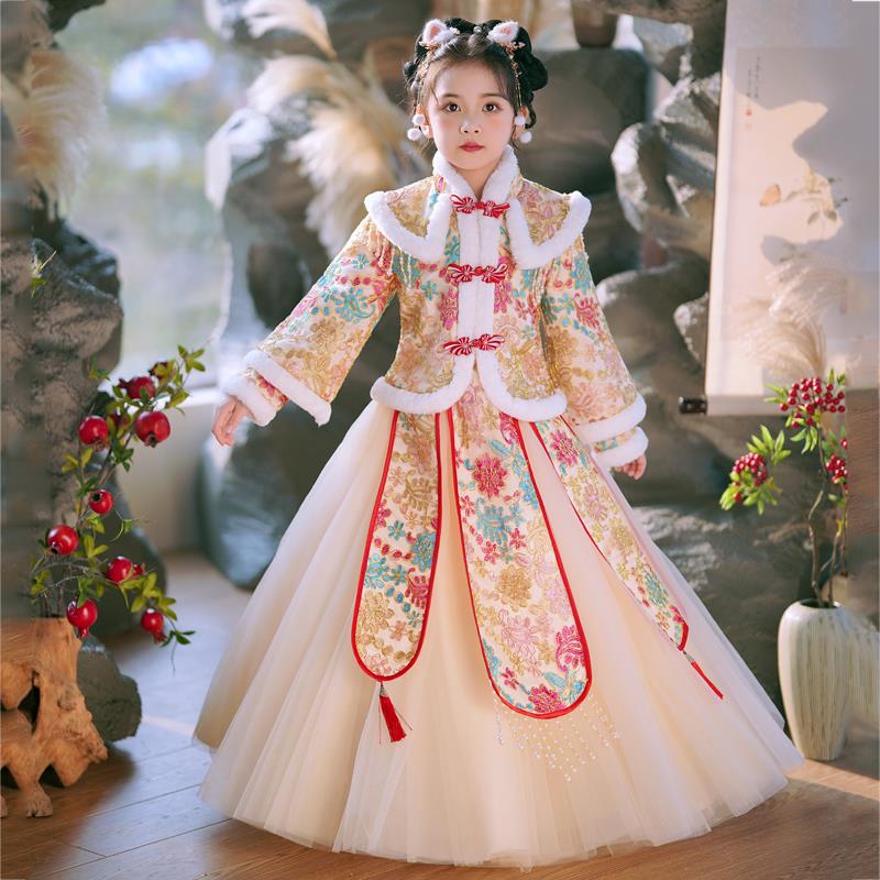 汉服女童秋冬款古风中大儿童冬季裙子洋气套装加绒加厚拜年服唐装