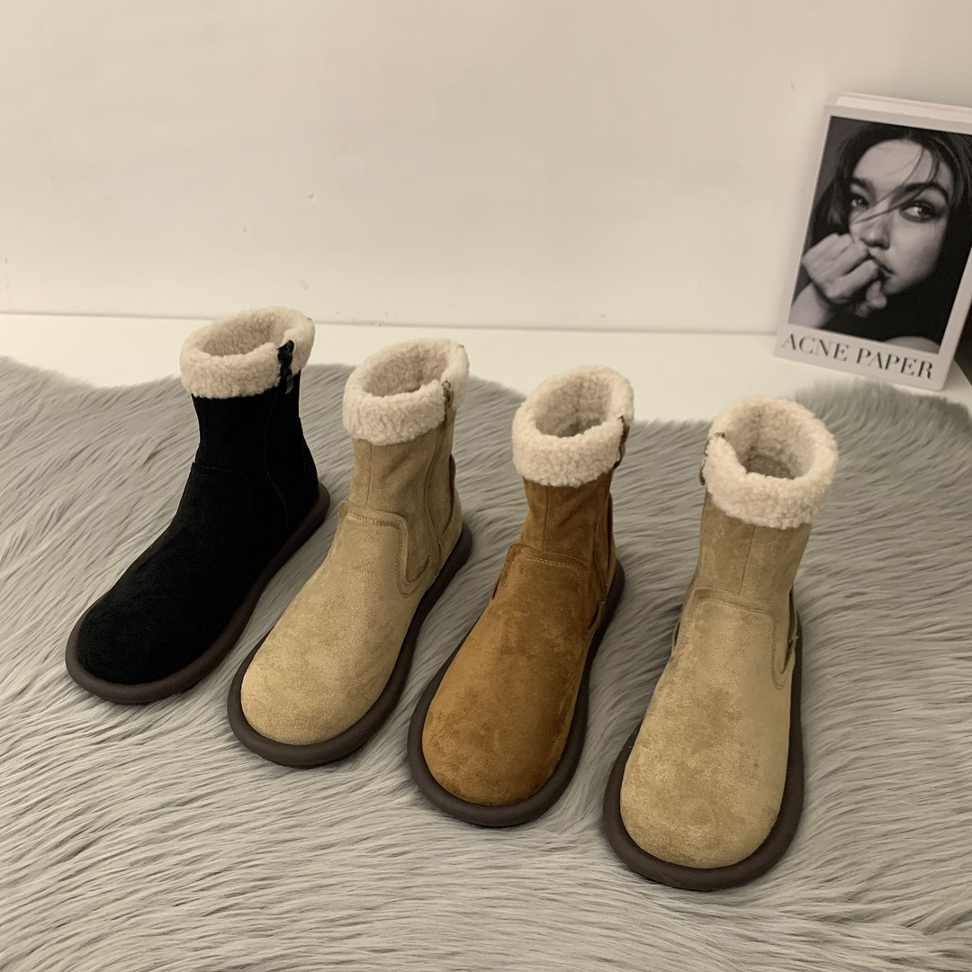 品牌折扣真皮材质厚底加绒雪地靴女靴羊羔毛保暖棉鞋秋冬平底短靴