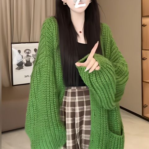 yy2023秋冬新款画板少女韩版宽松针织开衫毛衣外套慵懒风灯笼袖