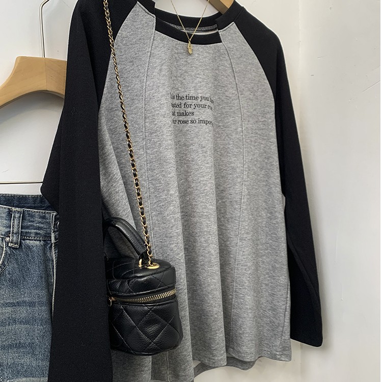 yy特大码300斤美式不规则拼接插肩袖长袖恤女秋季正肩内搭打底衫