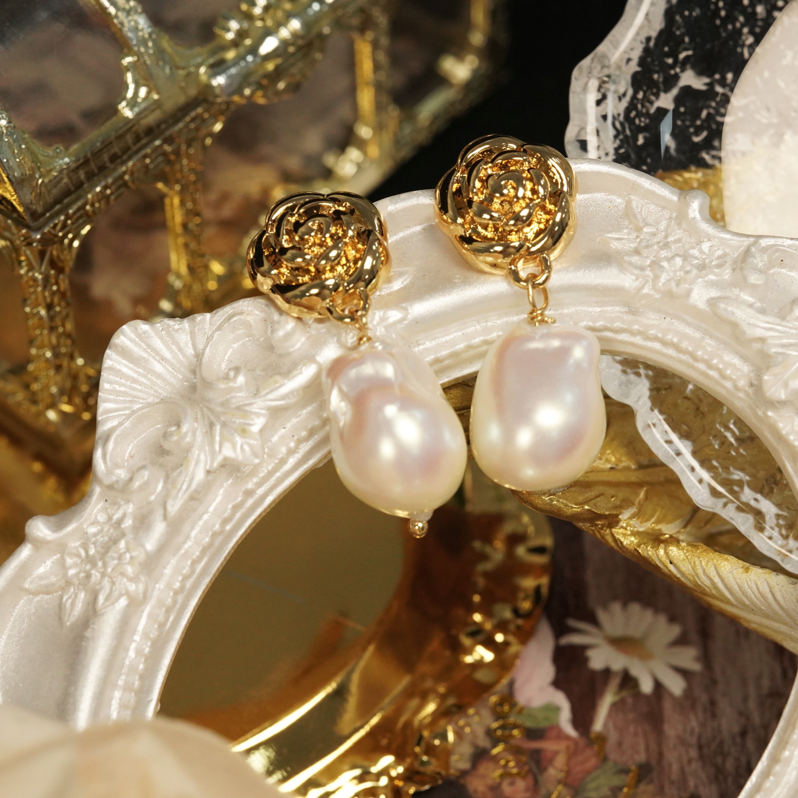 铜合金耳饰 LeLe 耳钉 Vintage立体鎏金山茶花巴洛克 8419