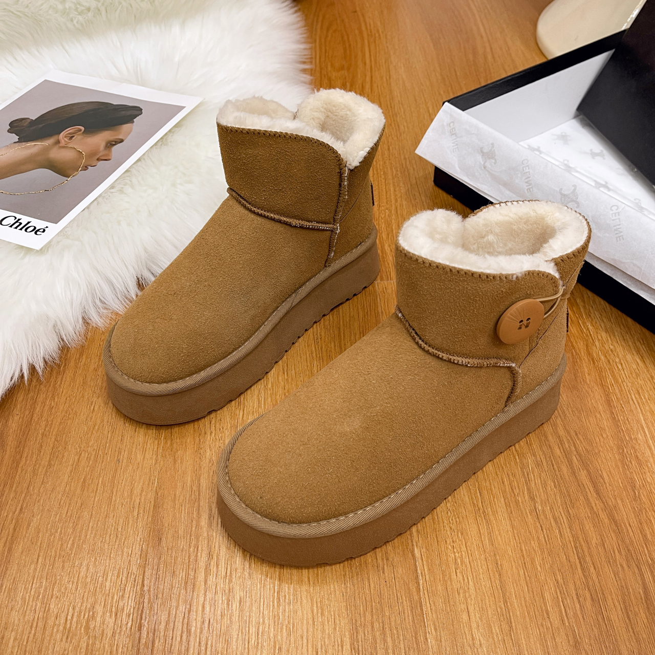 加绒平底中筒保暖冬季皮毛一体防滑女款厚底短筒雪地靴秋冬雪地靴