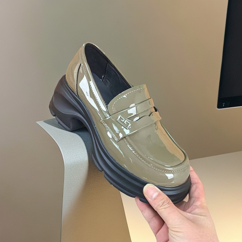 1423-B3-百搭高跟圆头浅口小皮鞋粗跟单鞋女