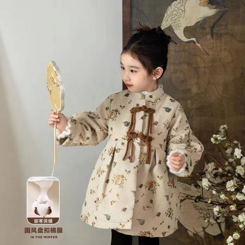 童装2024冬季新款棉服裙子东方美学新中式刺绣碎花盘扣夹棉棉