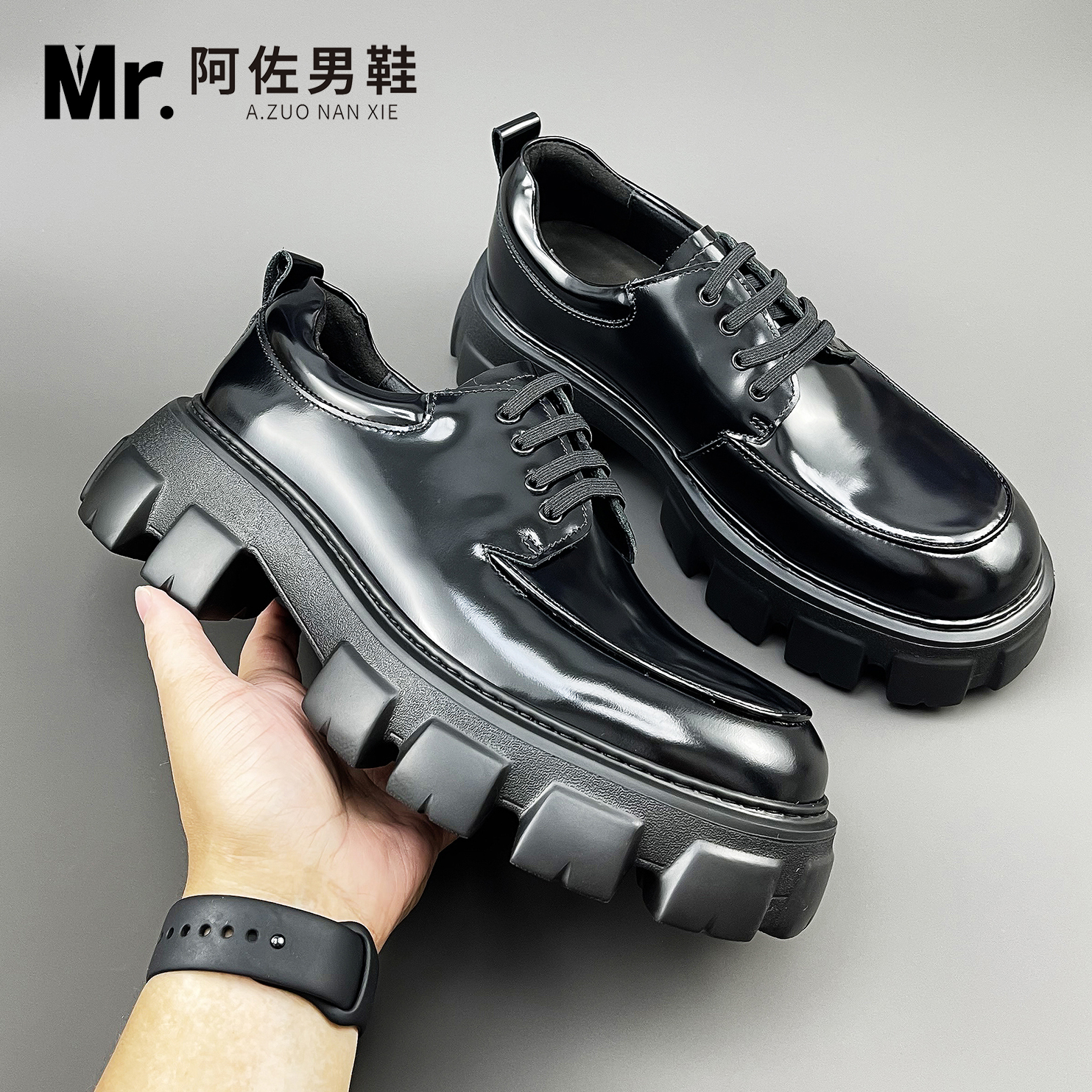 8702欧洲站高档系带厚底男士休闲皮鞋真皮英伦潮流百搭厚底男鞋
