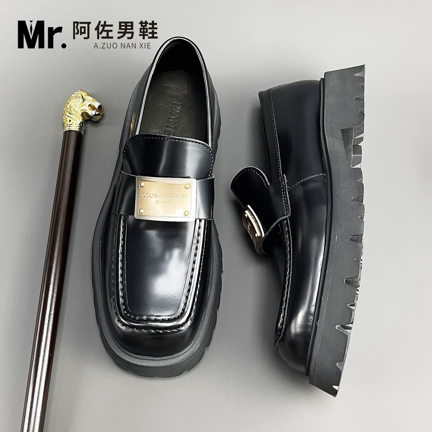 223-104秋冬新款高档商务男士休闲皮鞋真皮英伦百搭厚底乐福鞋男