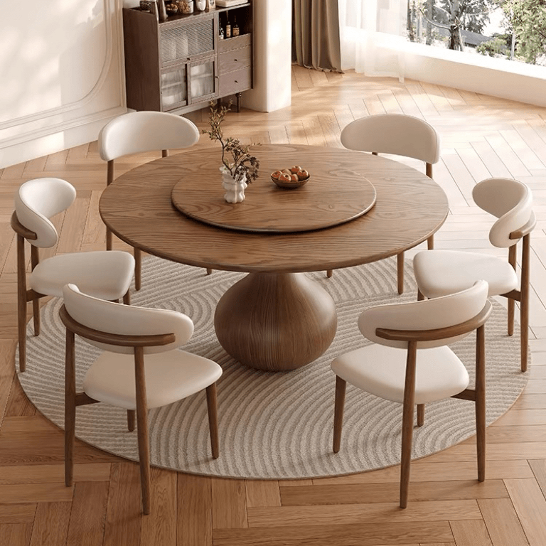 中古风餐厅实木餐桌家用小户型高档圆桌旋转法式复古风圆形餐桌