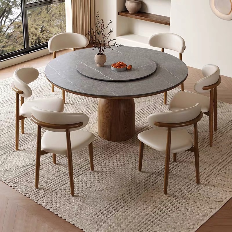 中古风全实木岩板圆桌带转盘小户型家用橡胶木黑色圆形餐桌椅组合