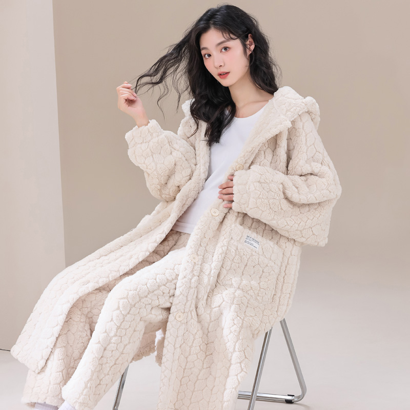 睡袍女秋冬季加厚加绒法兰绒睡衣男珊瑚绒浴袍长款大码家居服晨袍