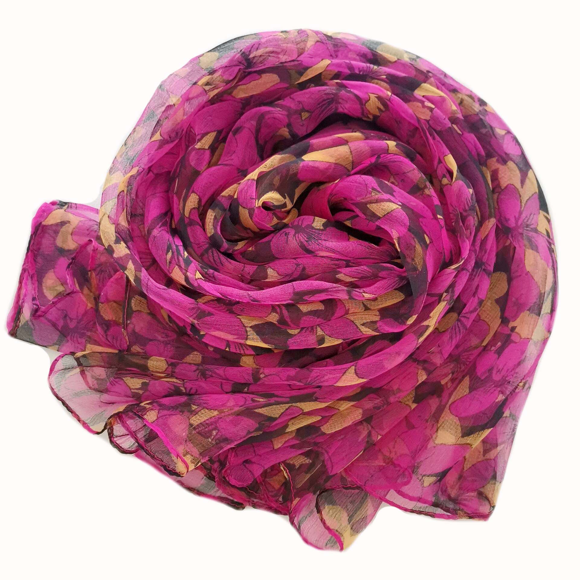 【玫红花朵】春夏新款百搭柔软亲肤透气薄款桑蚕丝丝巾长款女士纱巾