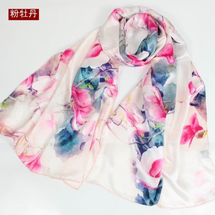 【粉牡丹】春夏薄款杭州丝绸桑蚕丝丝巾女士围巾花色优雅长方女丝巾