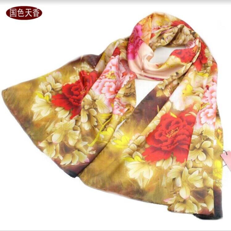 【国色天香】优雅大方桑蚕丝素绉缎长款丝巾喷绘厚款丝绸围巾女披肩