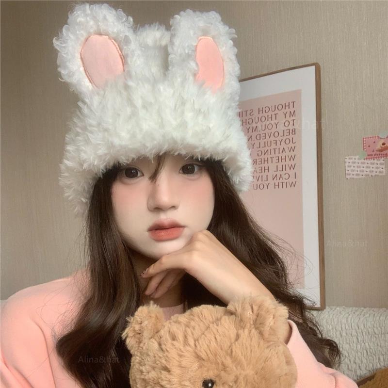 ins可爱毛绒兔耳朵帽子针织帽护耳显脸小冷帽包头潮女秋冬小兔子