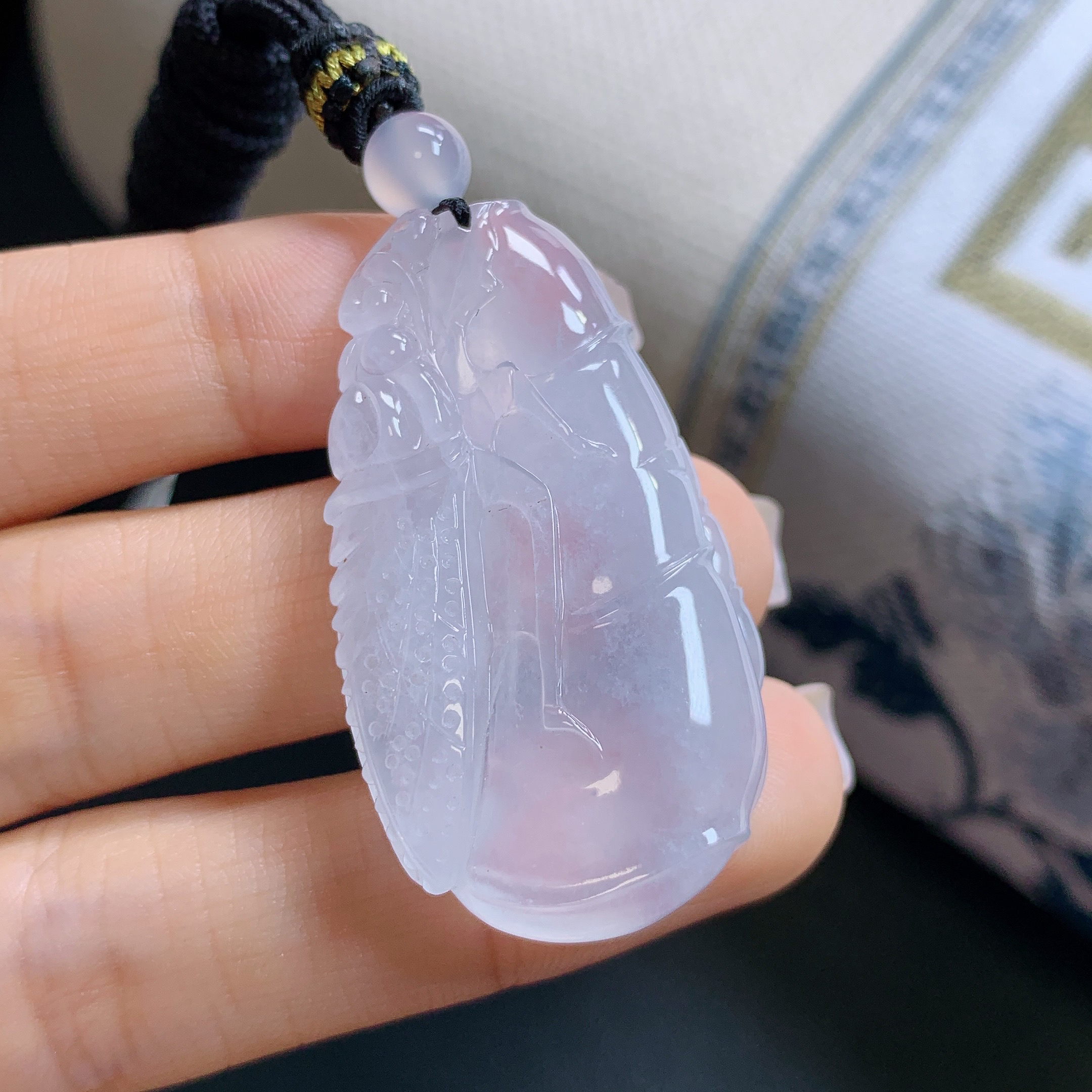 缅甸天然A货翡翠高冰种一鸣惊人金蝉吊坠手工雕42*24*7.4