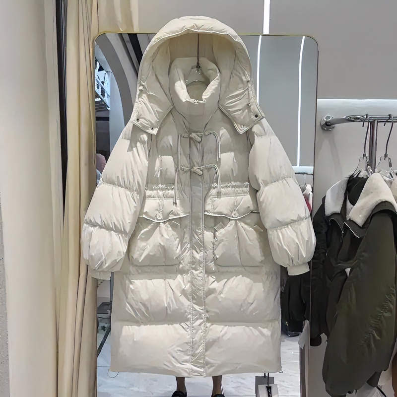 斤加大码冬季保暖羽绒服女中长款过膝连帽加厚胖白鸭绒外套款女款