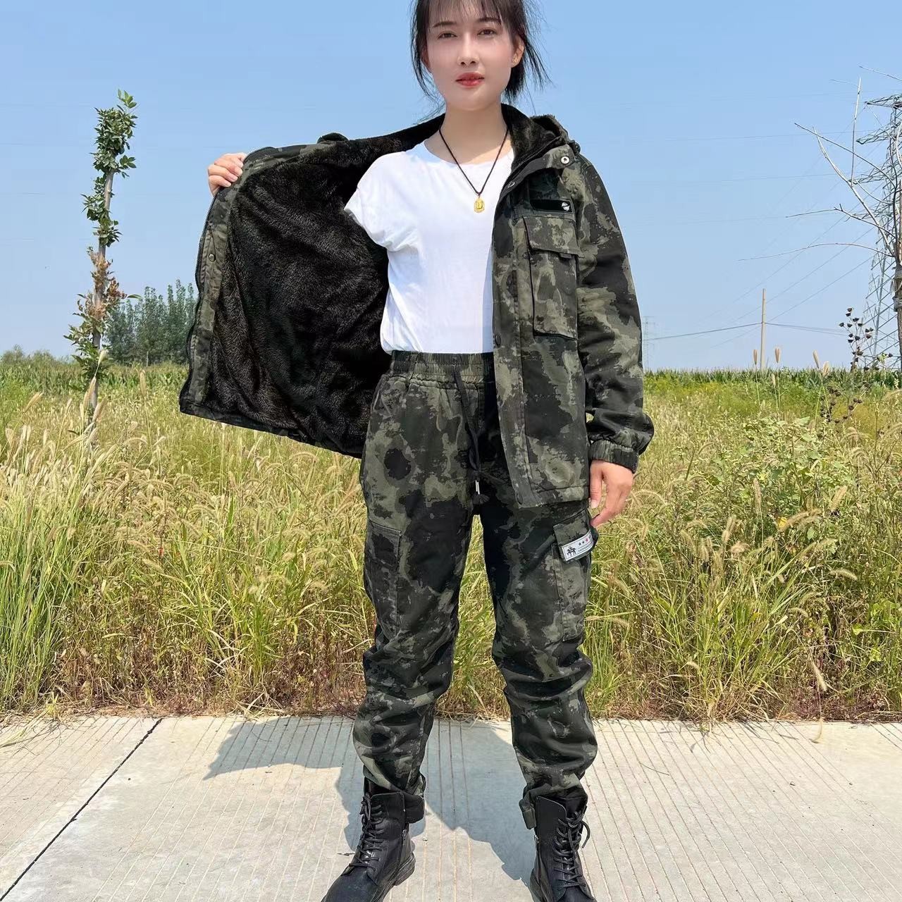 刀009秋冬加绒水洗棉斜纹连帽加绒工作防寒迷彩上衣裤子男女同款