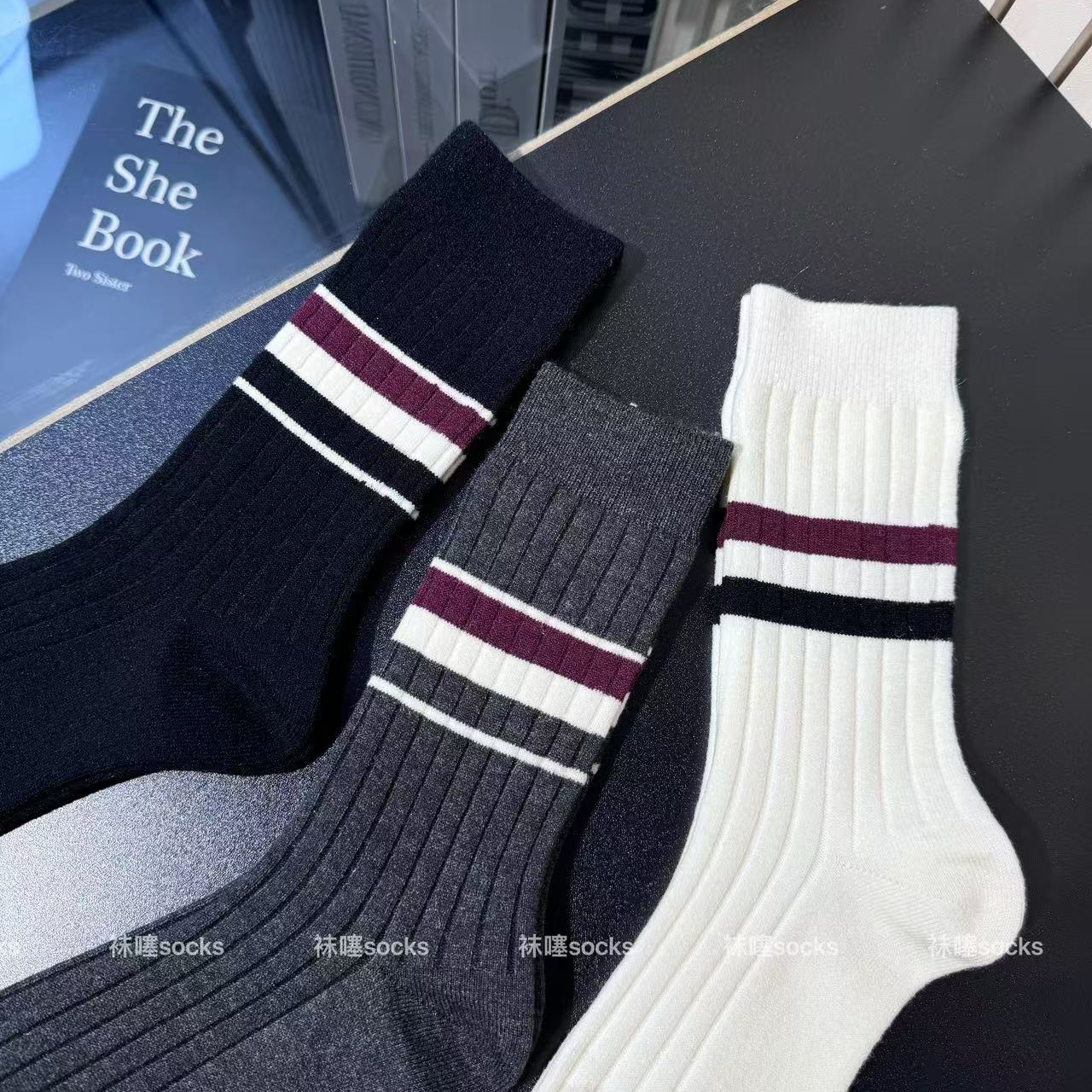 冬季保暖内里拉绒羊毛袜学院风TB条纹百搭时尚中筒袜