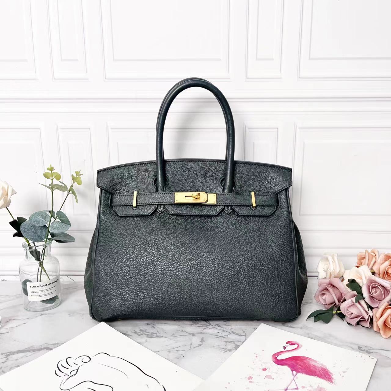 95新 Hermes/爱马仕 祖母绿金扣birkin30手提包，98新30*17*24CM
