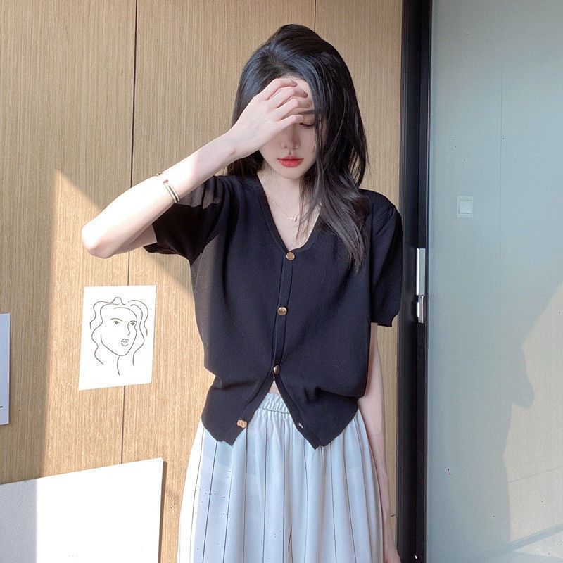 夏季气质v领收腰修身短款女上衣潮小香风洋气白色短袖针织开衫女