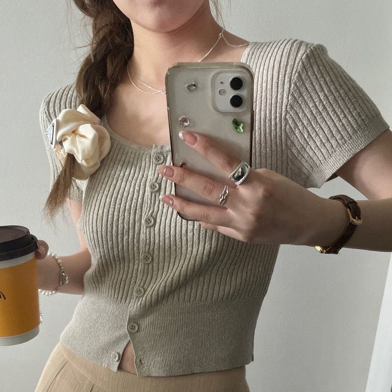 短款方领显瘦短袖小个子百搭上衣2025夏季新款韩式小众针织衫女装
