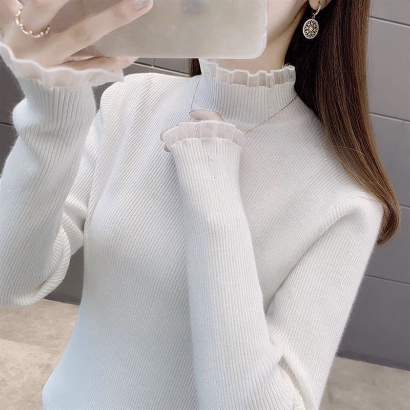 半高领法式设计感知性风优雅气质上衣拼接百搭纯色套头长袖针织衫