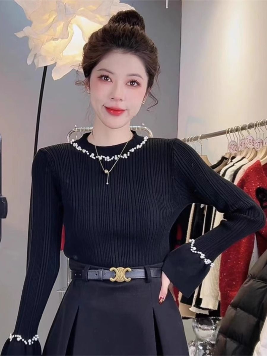法式复古钉珠喇叭袖针织衫女秋冬季百搭显瘦修身洋气减龄打底衫潮
