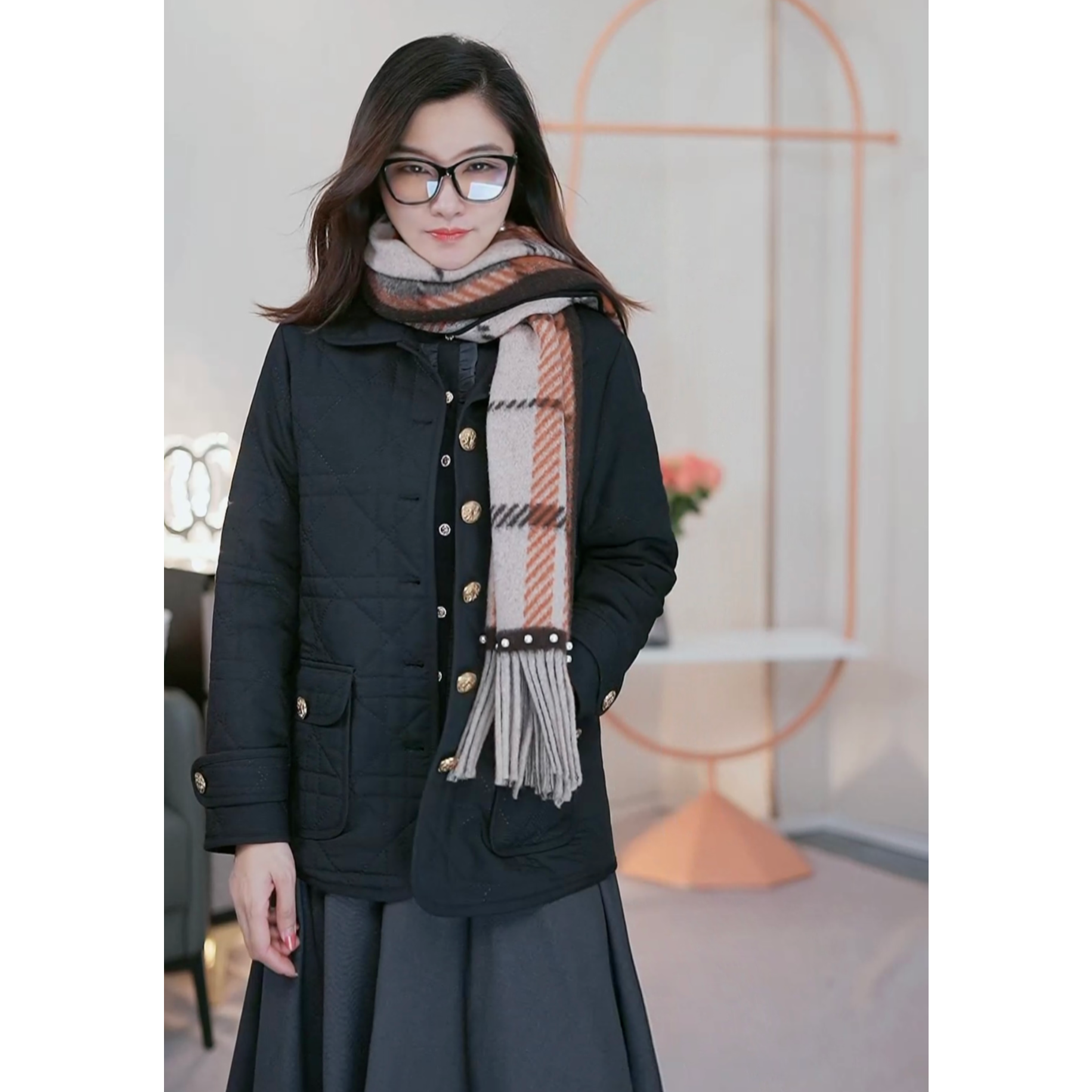 大丽高定女装短戴妃双股精纺羊毛超声波菱形格棉服DLWT0518