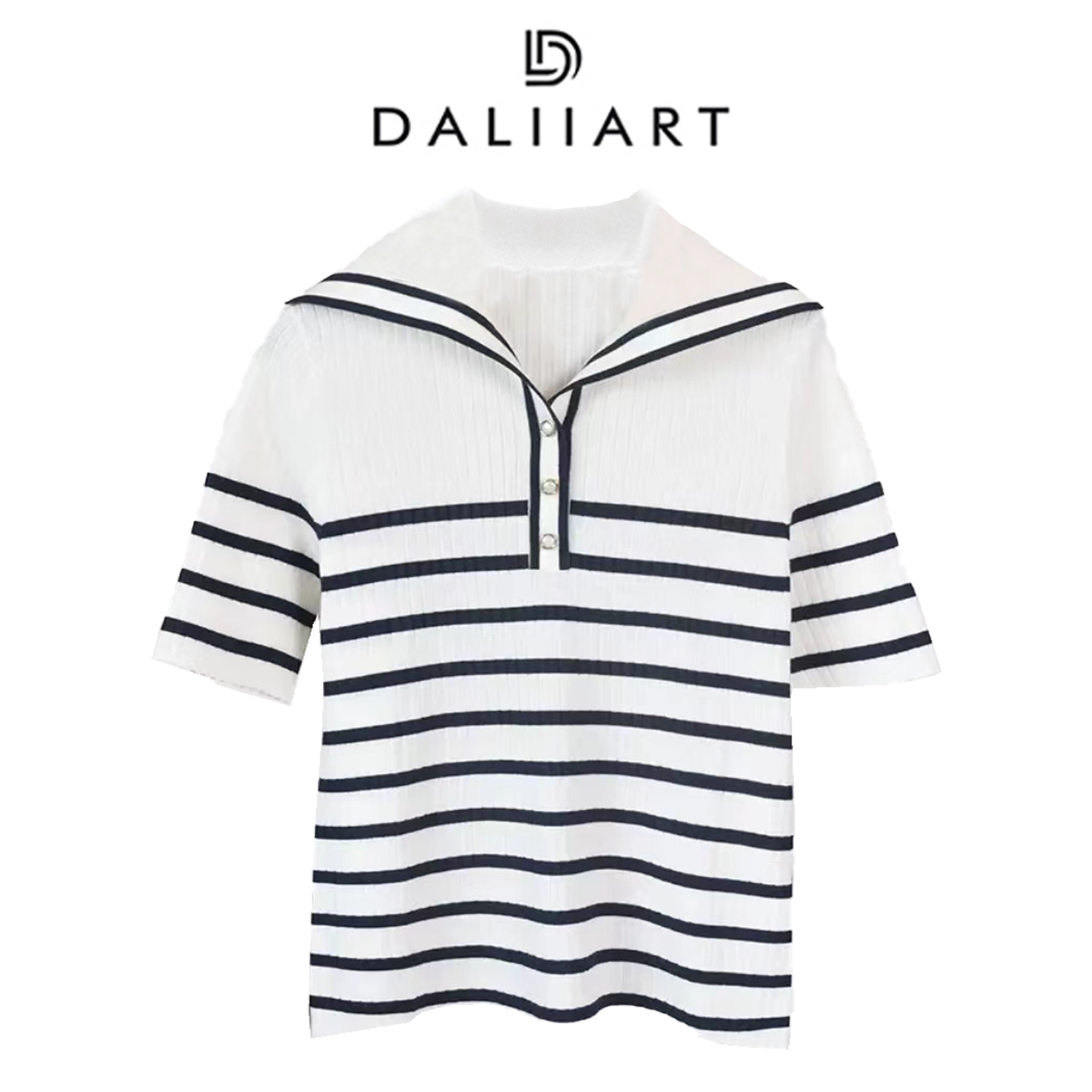 大丽高定 初见夏天 海军风条纹翻领短袖羊毛桑蚕丝针织衫DLTX1360