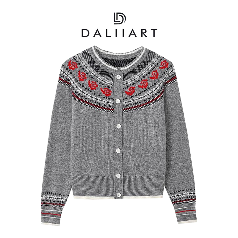 大丽高定 花开费尔岛 学院风提花圆领单排扣针织开衫外套DLWT0620