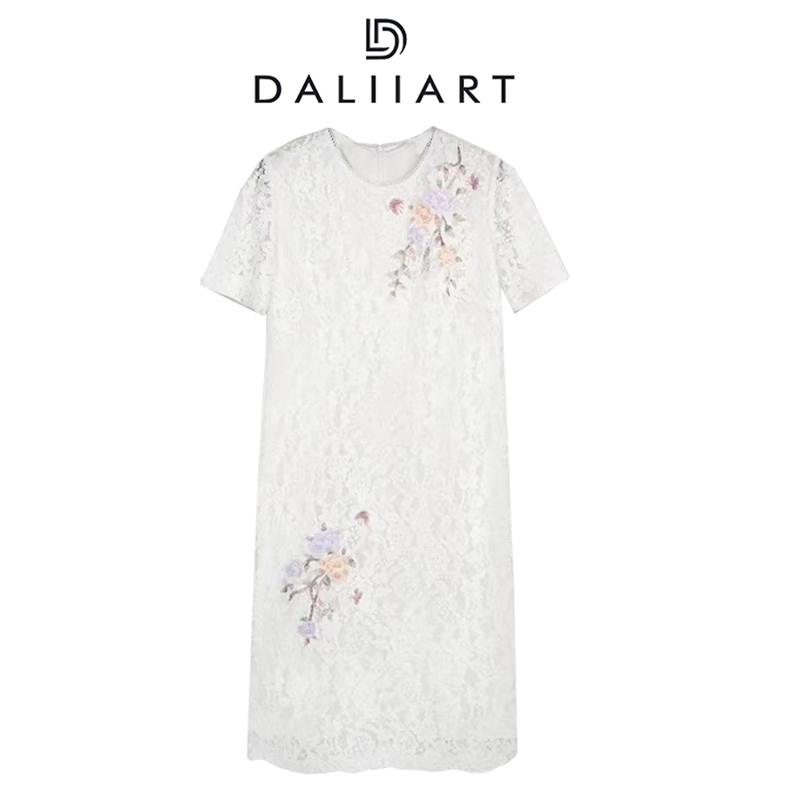 大丽高定 水溶蕾丝牡丹刺绣腰果花圆领宽松A型连衣裙DLQZ0162