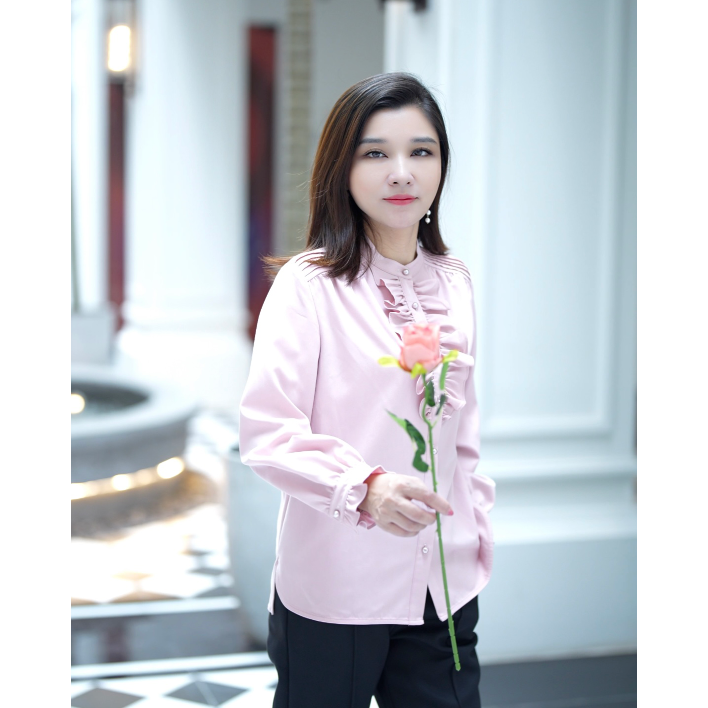 两人故事百搭粉色长袖立领秋季衬衫DLTX0468