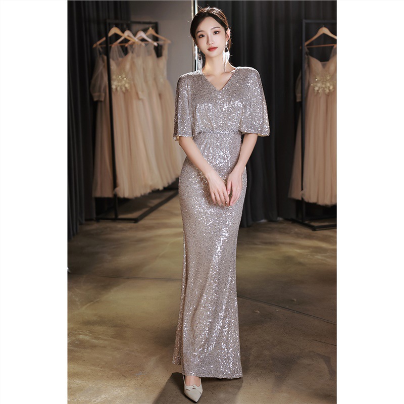 银色亮片生日礼服V领短袖宴会法式时尚晚宴显瘦晚礼服宴会气质 