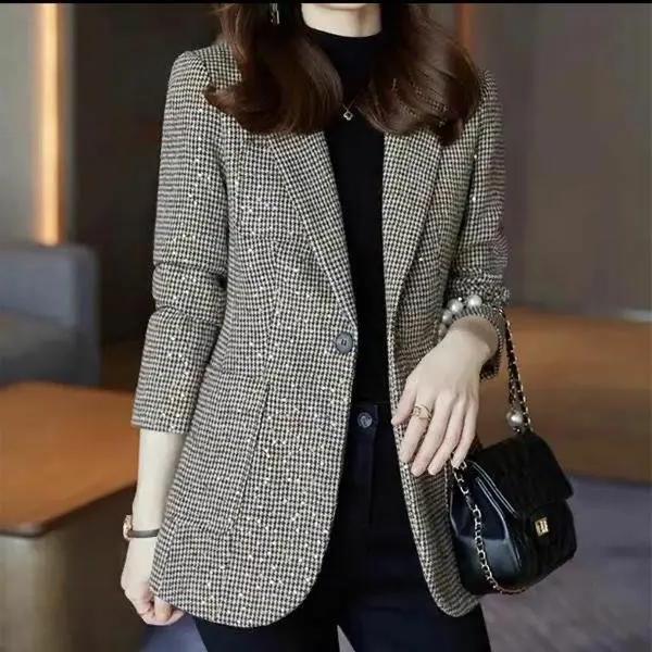 时尚韩版西装亮片千鸟格西服女2023年秋冬新款休闲洋气外套女神范