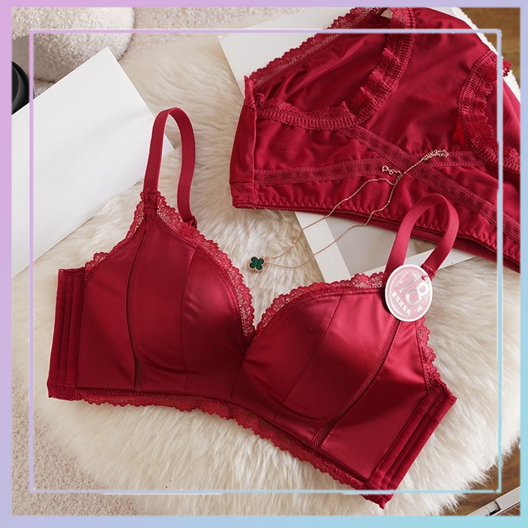 维多利亚红色内衣套装女小胸聚拢收副乳无痕本命年结婚新娘文胸罩