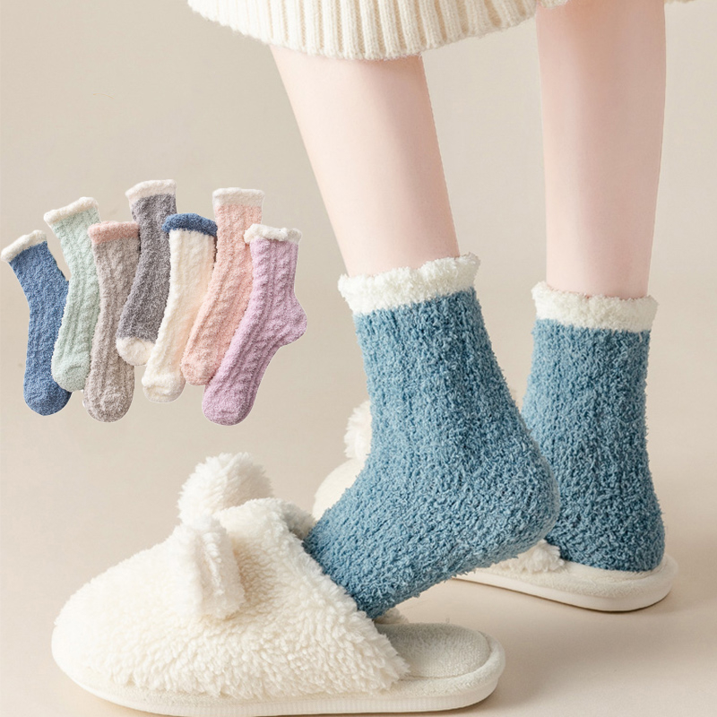 珊瑚绒袜子保暖加厚居家睡眠袜子秋冬季毛绒月子中筒袜加绒地板袜