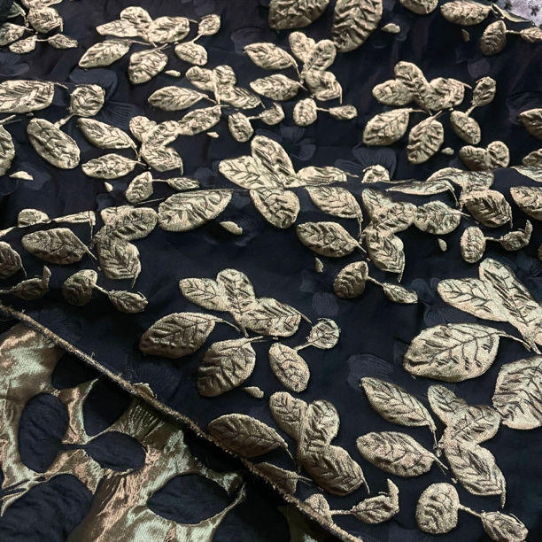 黑底金立体树叶浮雕提花面料连衣裙旗袍风衣礼服阔腿裤布料160宽