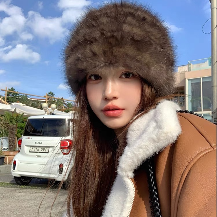 稀有貂毛编织皮草帽子弹力包头护耳女帽双面真毛水貂毛帽子冬冷帽