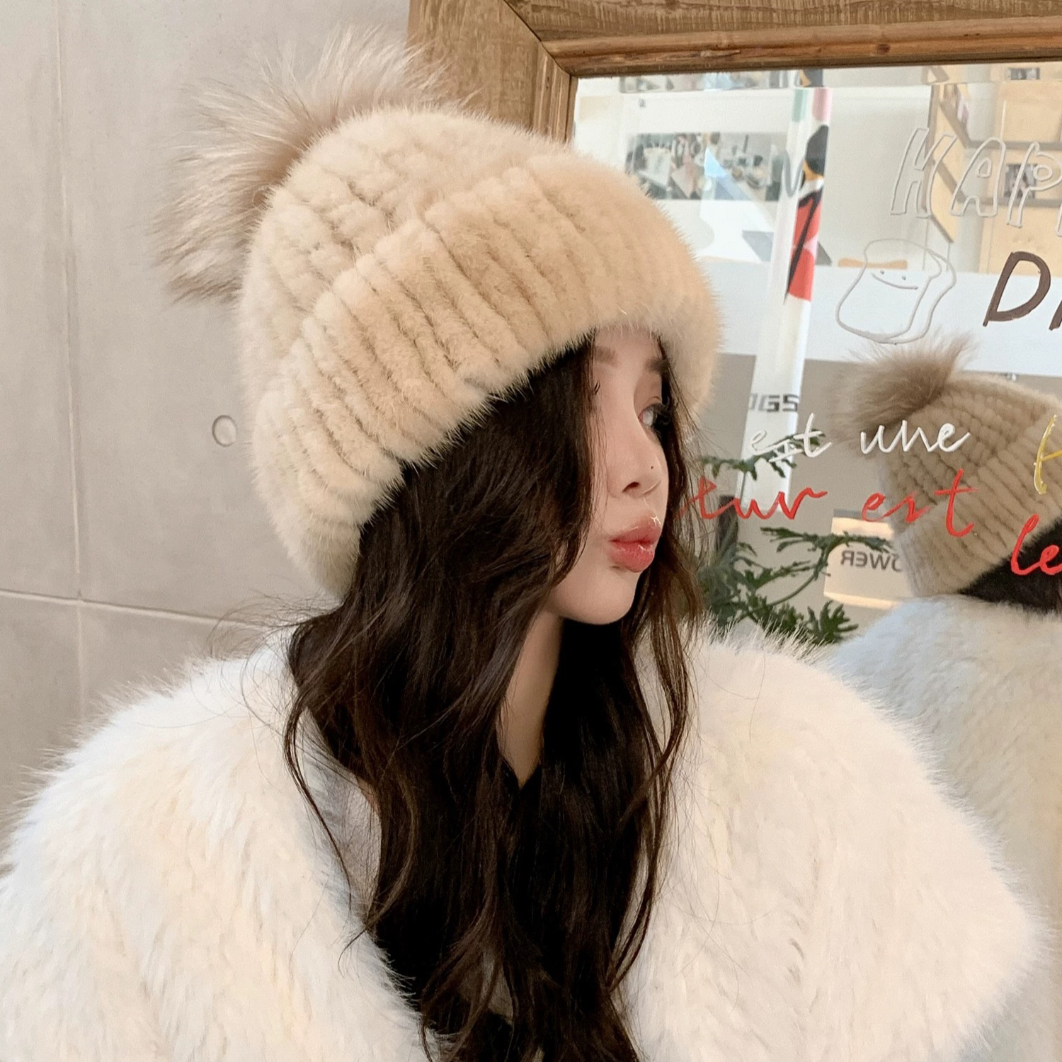 水貂毛编织弹力甜美女帽狐狸毛球针织帽子休闲冬季帽子百搭毛领